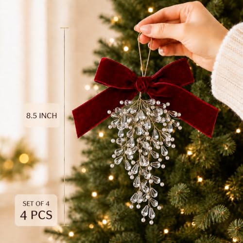 Mifoci 4-Pack 8.5-Inch Christmas Crystal Mistletoe Ornaments with Burgundy Bows