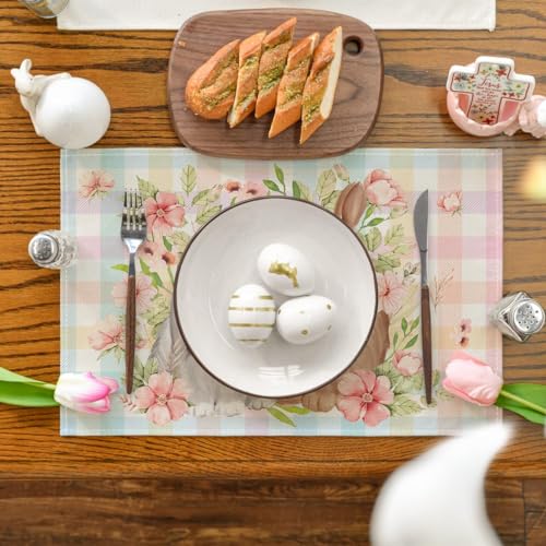 Artoid Mode Bunny Rabbit Flowers Floral Easter Placemat Set 4, 12x18 Inch Spring Table Mats, Pink/Blue