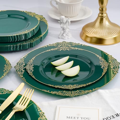 Realluck 350-Piece Green and Gold Disposable Dinnerware Set for 50 Guests - Elegant Tableware for Parties and Events
