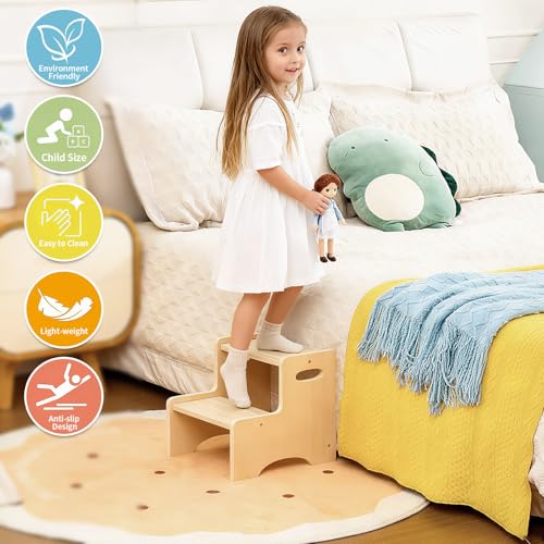Wooden Two-Step Stool for Toddlers with Non-Slip Pads & Handles