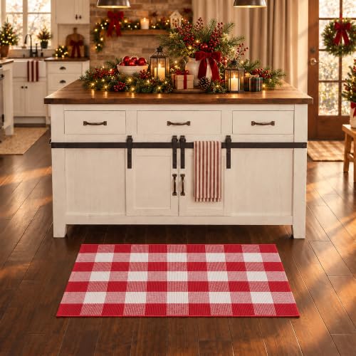 Homydecor Red & White Plaid 4' x 6' Rug - Reversible Cotton Blend, Washable Porch & Entryway