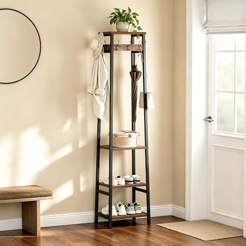 Freestanding Hall Tree with 3 Shelves and 7 Hooks, Industrial Coat Rack
