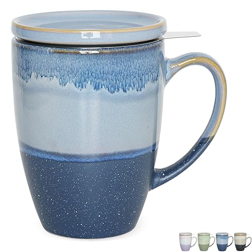 Bosmarlin Blue Ceramic Tea Mug with Infuser & Lid, 13.5oz, Microwave & Dishwasher Safe