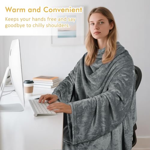 Wearable Blanket with Sleeves and Foot Pocket - Soft Fleece Throw Wrap