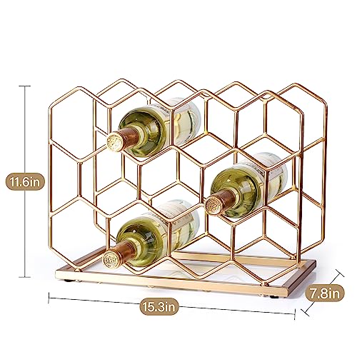 14-Bottle Geometric Metal Wine Rack - Freestanding Gold Countertop Holder