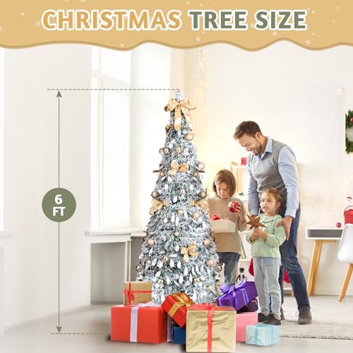 Karl Home 6 ft Snow Flocked Pre-lit Artificial Pop Up Christmas Tree with 100 Warm Lights, Golden Ornaments – Snowy Green