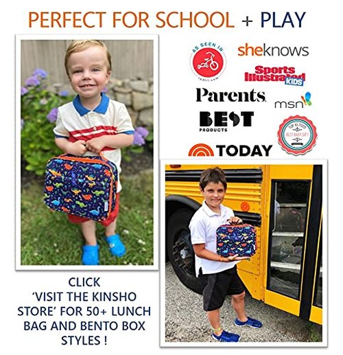 kinsho Lunch Bag with Water Bottle and Ice Pack Set, Boys Lunch-Box Set for Toddler Daycare or Pre-School, Kids Container for Lunches, Blue Orange Dinosaur