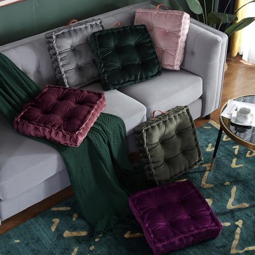 VCTOPS Christmas Square Velvet Seat Cushion 16.5x16.5x4 Inch Red Handle Tufted