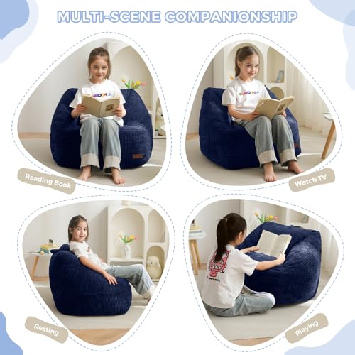 Kids Bean Bag Chair - Soft Foam Toddler Sofa for Gaming and Reading, Navy