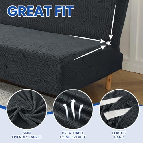 Stretch Futon Cover | Anti-Slip Armless Sofa Bed Slipcover, Dark Gray, Full Size 67-82 inches