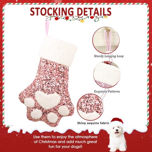 Set of 3 Multicolor Paw Christmas Stockings 18'' Sparkling Sequin Pet Holiday Decor