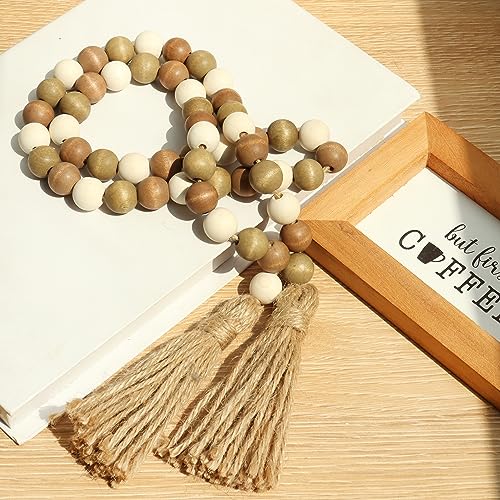 39-inch Wood Bead Garland with Tassels, Rustic Farmhouse Boho Decor