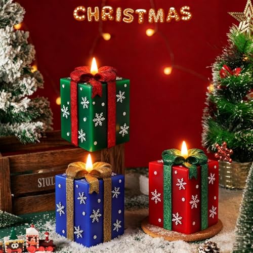 Set of 3 Hand-Painted Flameless LED Candles with Remote Timer - Christmas Home Decor