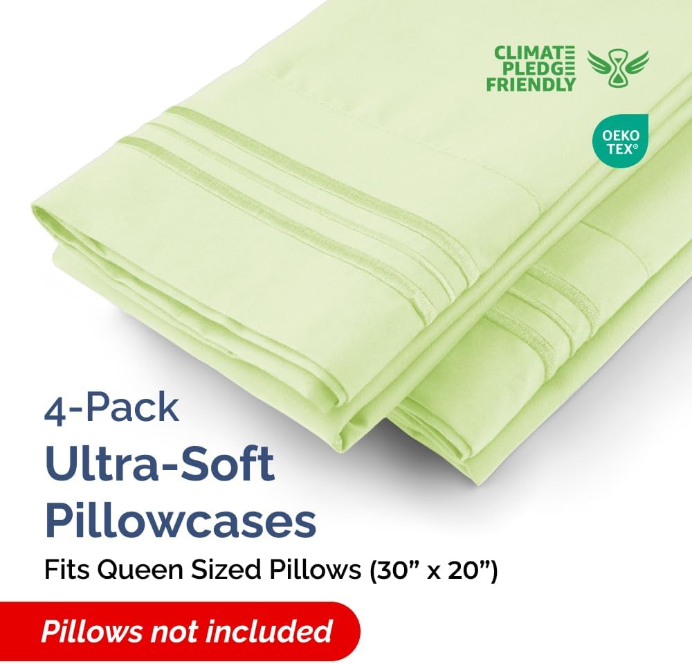 Skiennix Queen Pillow Cases Set of 4 - Ultra Soft Hotel Quality - Wrinkle Free & Fade Resistant - Light Sage Green