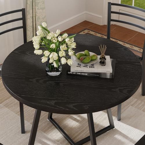 31.5-Inch Round Dining Table with Wood Grain Top and Steel Frame