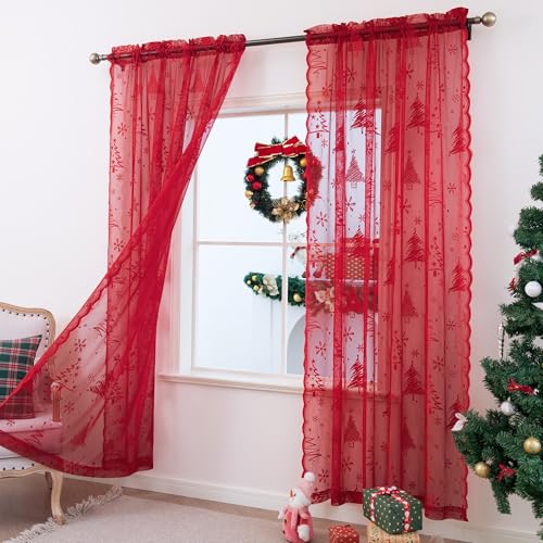 KYMRose 52x95 Inch Christmas Lace Curtains 2 Panels Red Tree Weave Rod Pocket
