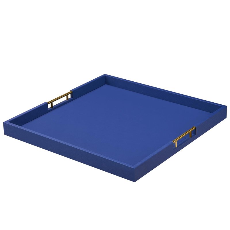 24x24 Inches Extra Large Blue Faux Leather Wrapped Wood Ottoman Tray with Golden Handles for Serving Food and Breakfast On Bed, Square Coffee Table Organizer, Home Decor and Decorative
