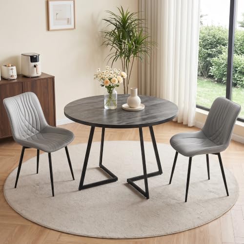 VECELO 3-Piece Round Dining Table Set for 2 with Faux Leather Chairs, Modern Grey