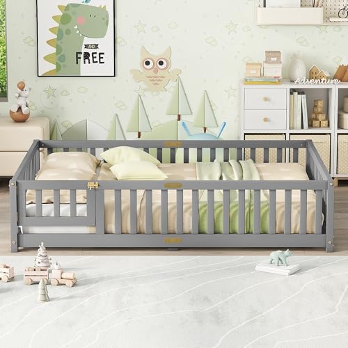Full Size Montessori Floor Bed with Guardrails and Door, Kids Wood Bed Frame