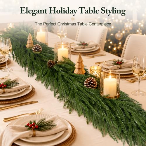 Worthyeah 2 Pcs 9 Ft Real Touch Norfolk Pine Garland for Mantel, Indoor/Outdoor Christmas