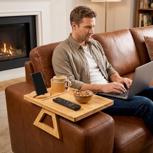 Bamboo Couch Armrest Table with Cup Holder and 360° Phone Stand