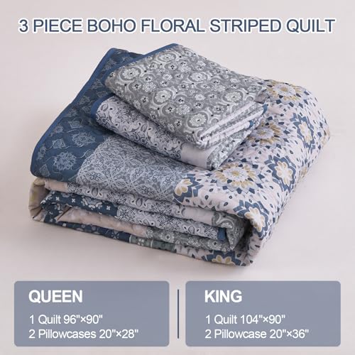Boho King Quilt Set - 3-Piece Blue Floral Striped Bedspread Coverlet
