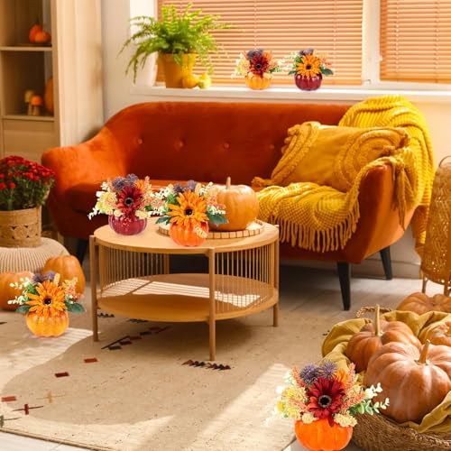 Set of 6 Mini Artificial Pumpkin Floral Centerpieces for Fall Thanksgiving