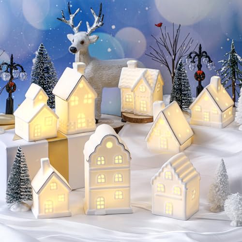 White Ceramic Christmas Village Set with LED Houses, Trees & Lamp Posts