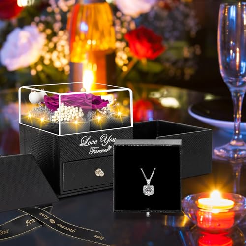 Lebana Purple Preserved Rose with I Love You Necklace – Eternal Rose Gift for Women