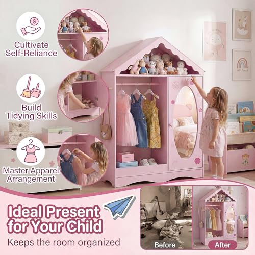 Kids Dress Up Storage Wardrobe with Mirror, Rooftop Closet Organizer for Girls