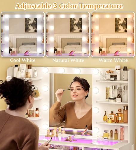 Makeup Vanity Desk with Mirror, LED Lights, Power Outlet and Storage