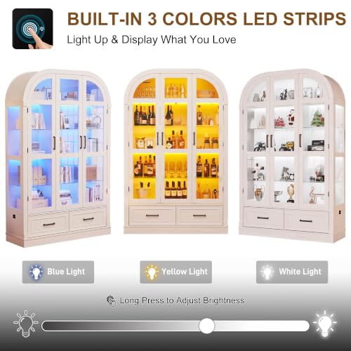 74-Inch Arched Glass Display Cabinet with Motion Sensor Tri-Color Lighting