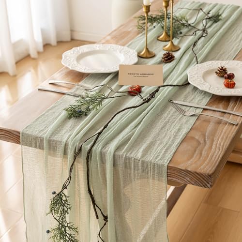 Sage Green Cheesecloth Table Runner - 120 Inch Rustic Boho Gauze Decor