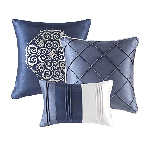 Faux Silk Navy Queen Comforter Set, 7pc - All Season Bedding