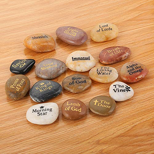 16-Piece Names of Jesus Engraved Natural Palm Stones, Inspirational Rocks