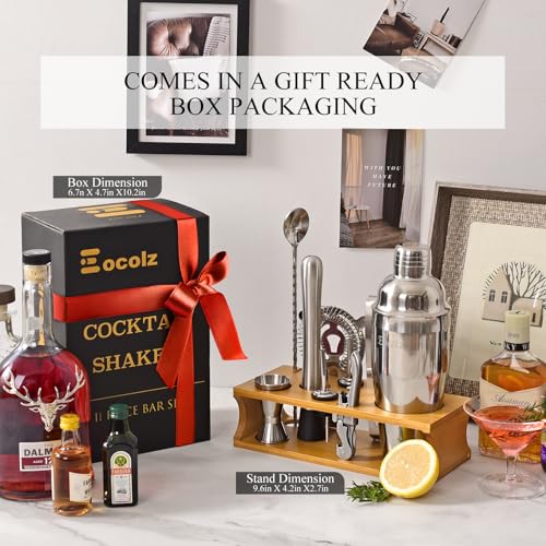 Eocolz Burlywood Silver 11-Piece Cocktail Bar Set with Stand, Shaker, Jigger & More