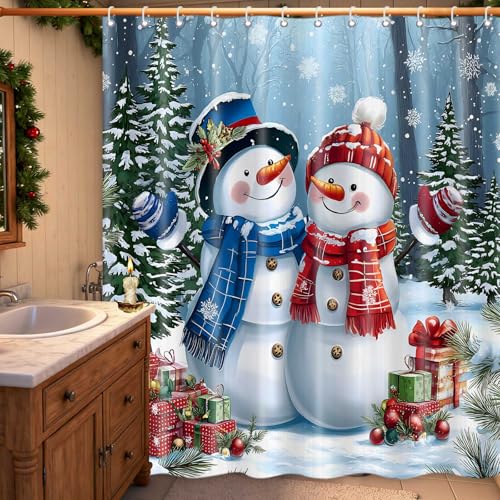 MDDGKH Christmas Snowman Shower Curtain 71x71 Inch Red Xmas Forest Scene Waterproof Bathroom Decor