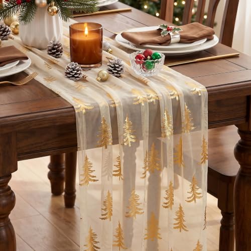 Artscope 6-Pack Beige Christmas Tree Gold Gauze Table Runners 28x120 Inches