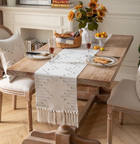 Caflife Grey Beige Cotton Linen Rustic Boho Table Runner 13x48 Inches