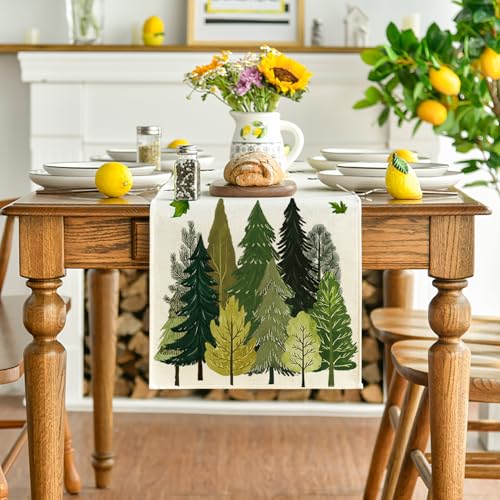 Artoid Mode Fallen Leaves Pine Trees Forest Summer Table Runner 13x60 Inch Beige-Green