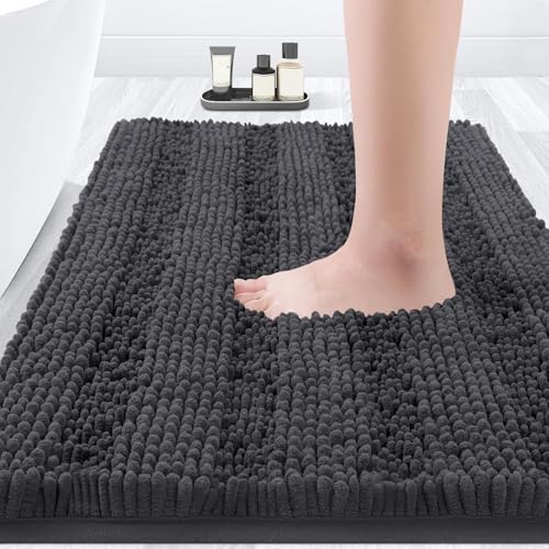 ACCUMTEK Striped Grey Chenille Bath Mat 32"x20" Non-Slip Shaggy Rug