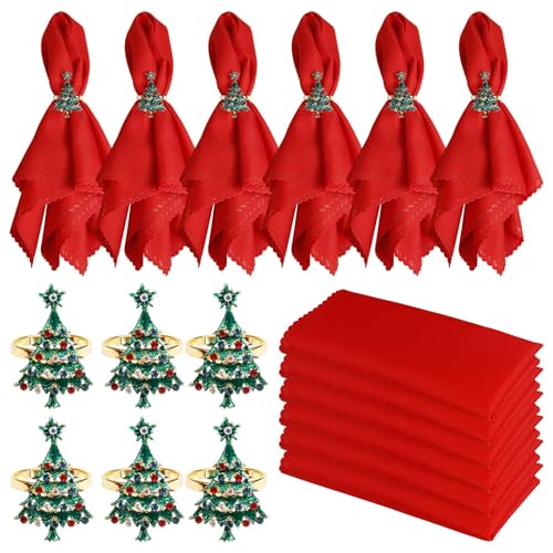 Getfitsoo Style4 Christmas Napkin Rings & Cloth Napkins Set of 12 - Red & Green Holiday Table Decor