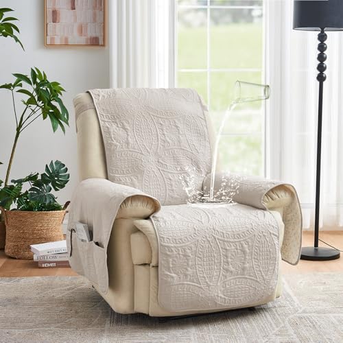 Quilted Recliner Chair Cover - Water-Repellent Non-Slip Slipcover (Beige, 22")