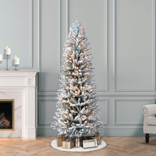 Puleo International 6' Flocked Fir Artificial Christmas Tree with 300 Clear Lights, Pine Cones, Green
