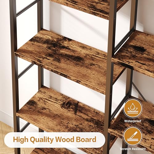 5-Tier Triple Column Industrial Bookshelf, Wide Open Display Bookcase
