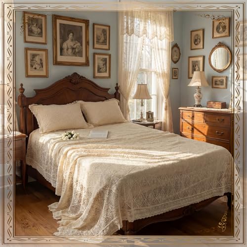 Large Vintage Beige Lace Crochet Bedding Set with Pillowcases