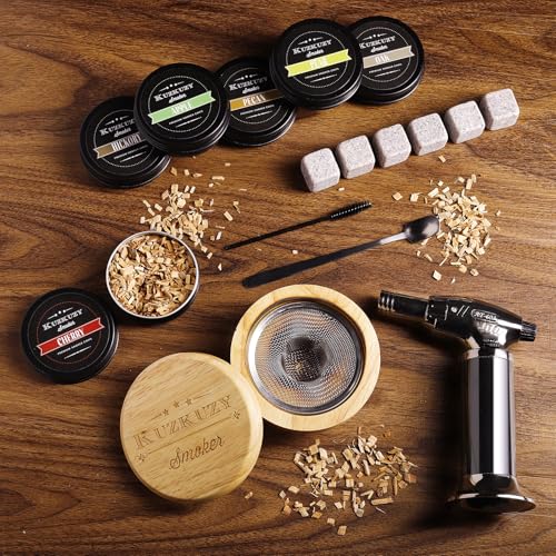 KUZKUZY Cocktail Smoker Kit with Torch & 6 Flavors Wood Chips - Bourbon Whiskey Infuser, Old Fashioned Drink Gift for Men, Dad, Husband (Without Butane)