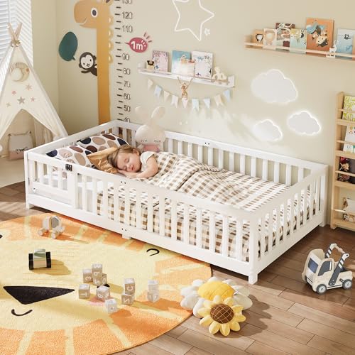 Twin Montessori Floor Bed Frame with Safety Rails and Door, White