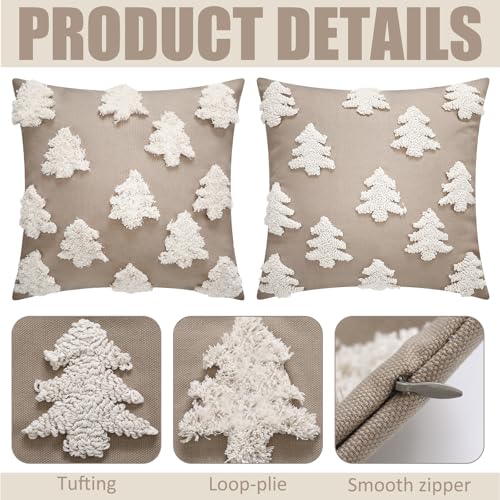 Mixweer Beige Christmas Pillow Covers 18x18 Inches Tree Embroidery Holiday Decor - Tree / Beige