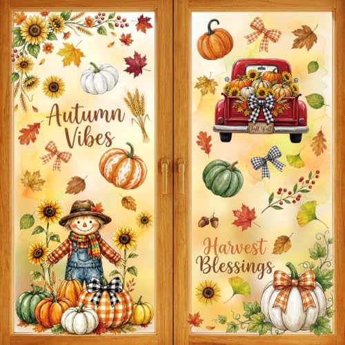 Fall Window Clings - 9 Sheets Pumpkin & Leaf Decals for Home Decor